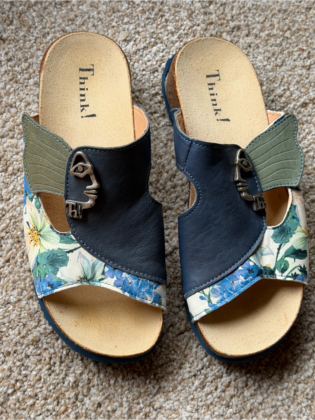 Think! Mizzi Slide Sandals W/ Face. Leather & Floral. Size 38. Like New.